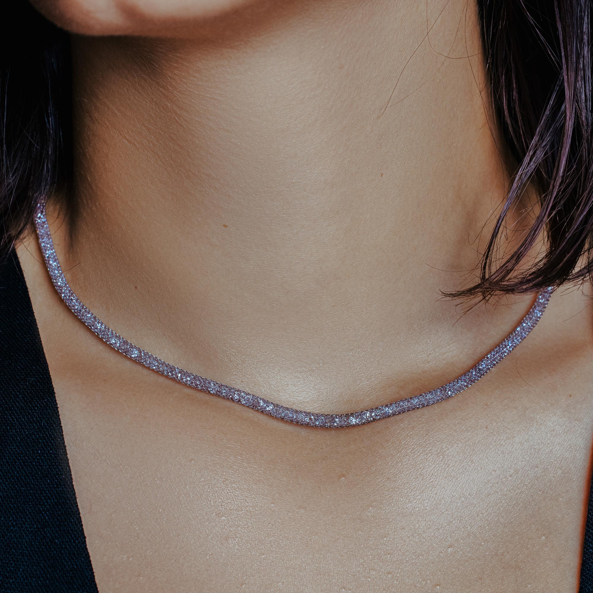 Collar italiano fino con circonita cúbica incrustada de malla chapada en rodio negro de plata 925 - ECN00007BL