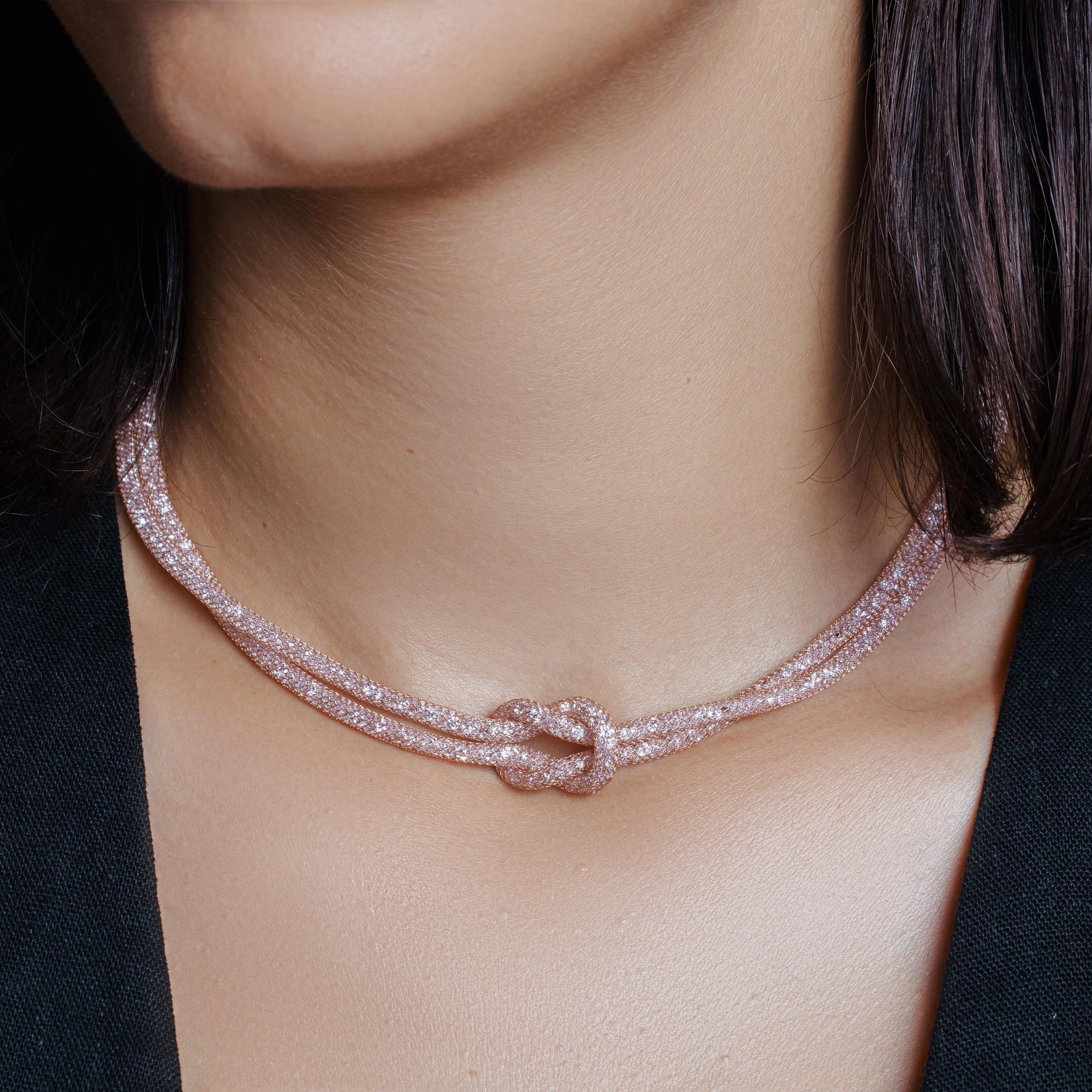 Collar Plata 925 Chapado Oro Rosa Malla con Piedras Cristales - ECN00010R