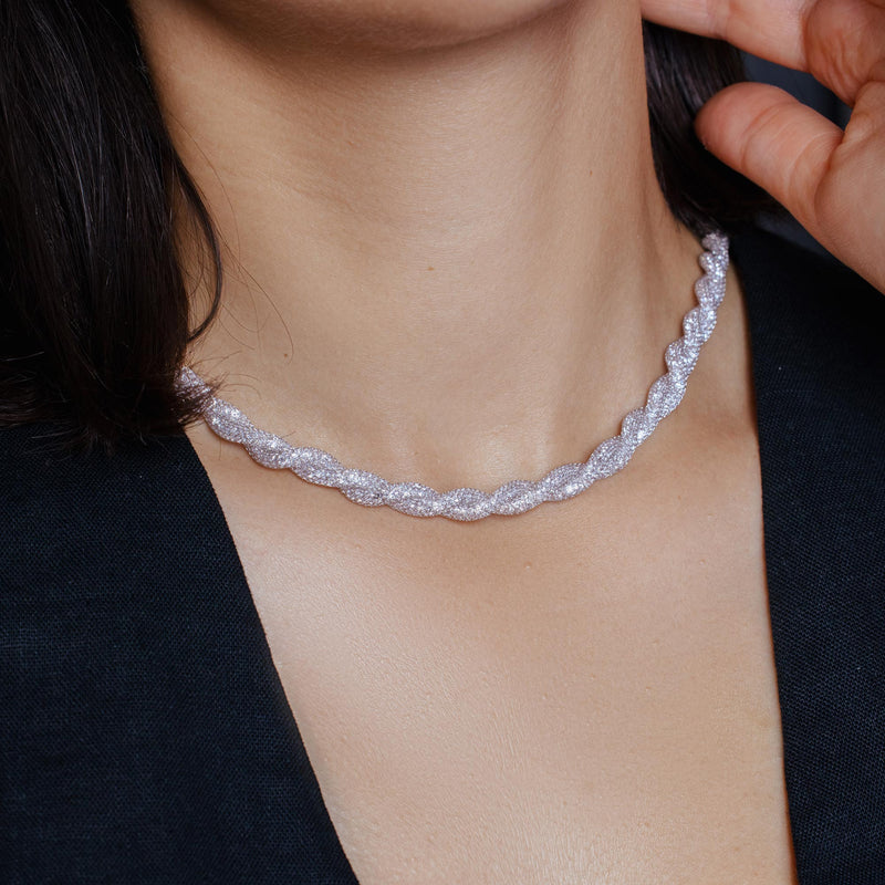 Collar de cristales Swarovski con incrustaciones de malla de cuerda chapada en rodio de plata 925 - ECN00013RH