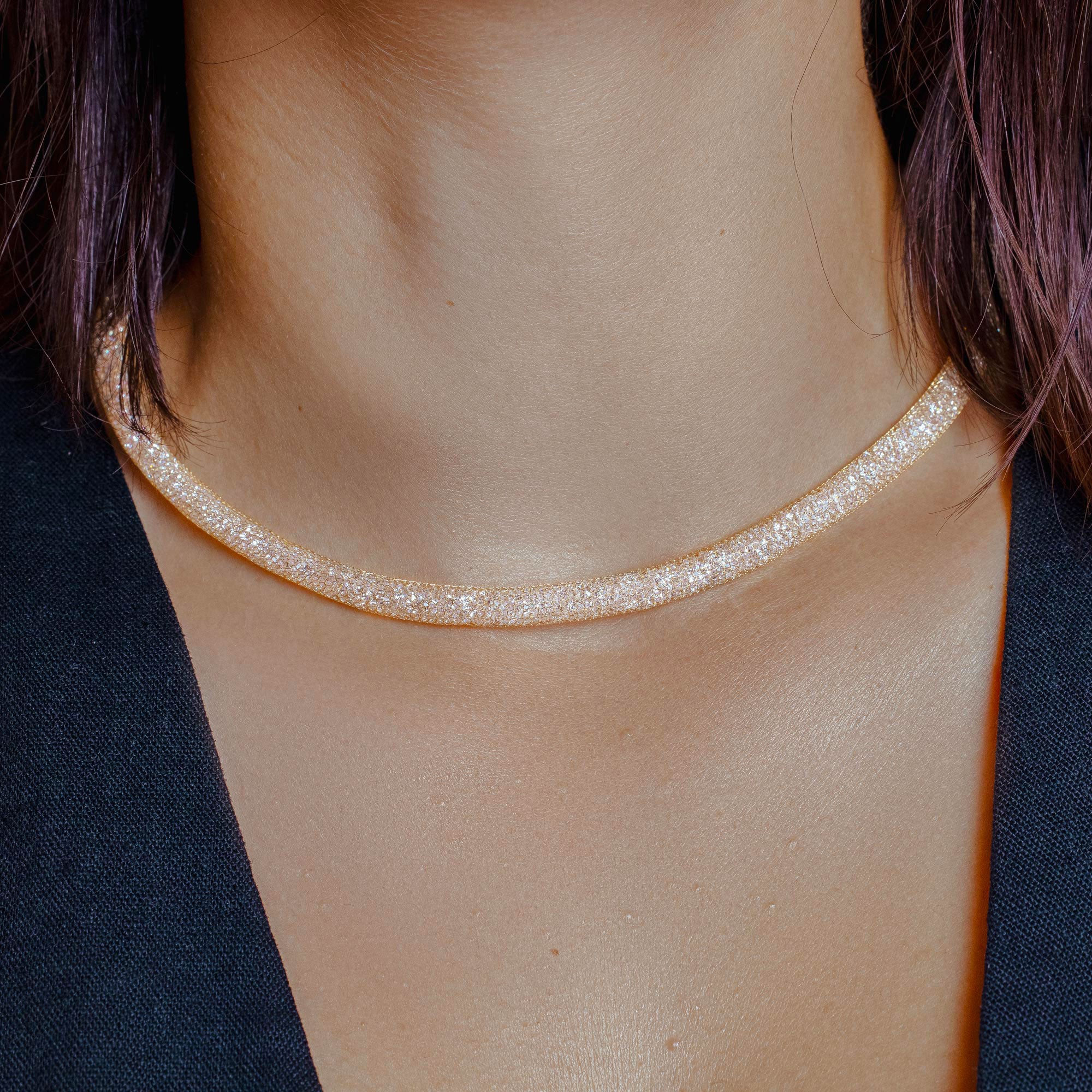 Silver 925 Gold Plated Mesh Inlay Swarovski Crystals Necklace 