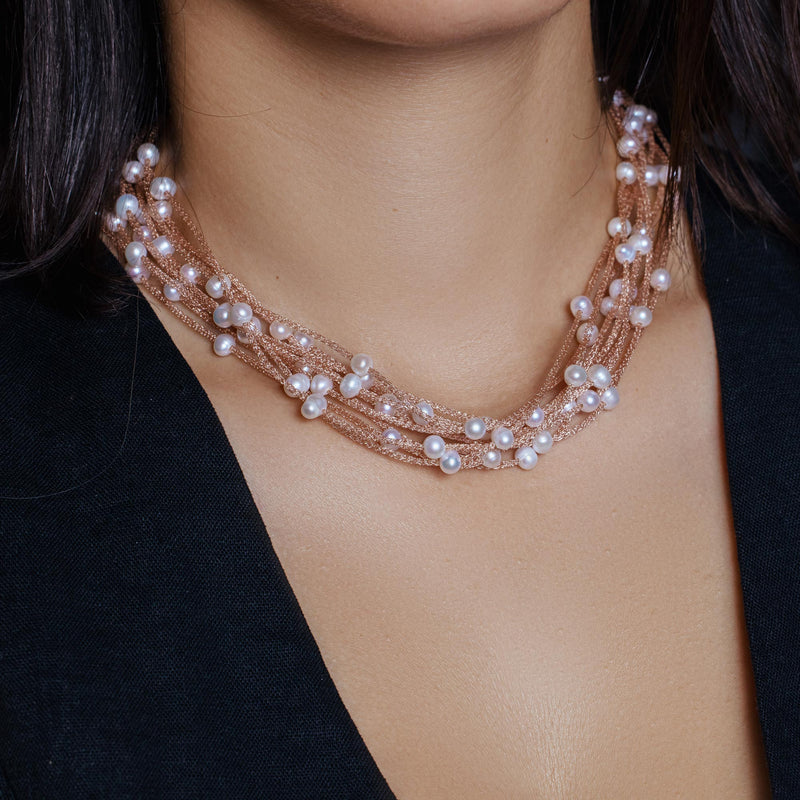 Silver 925 Rose Gold Plated Multi Strand With Fresh Pearl Accent Necklace - ECN00018R