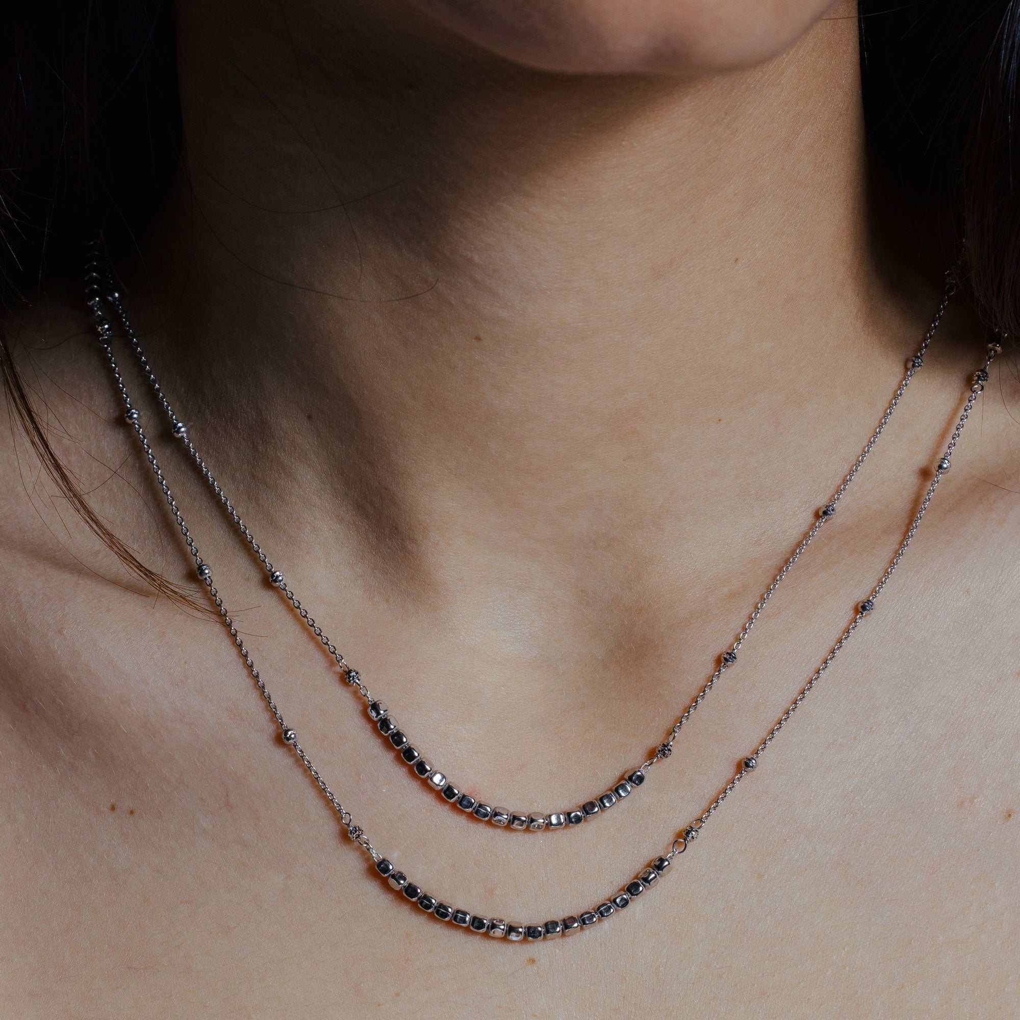 Rhodium Plated 925 Sterling Silver 38 Inches Chain Cube Beaded