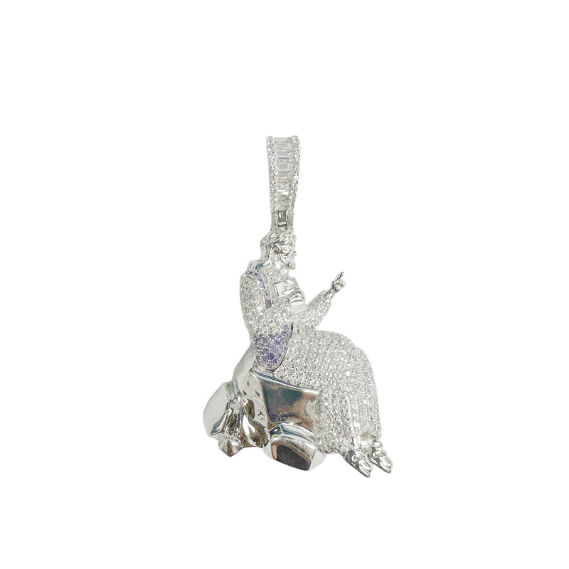 Rhodium Plated 925 Sterling Silver Jesus Sitting on a Rock Clear CZ Pendant - SLP00381