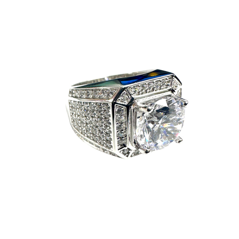 Rhodium Plated 925 Sterling Silver Statement Studded Small and Top 9mm Clear CZ Ring - GMR00374