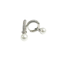 Sterling Silver Rhodium Plated Dangling Pearl Clear CZ Hoop Earrings - STE01373