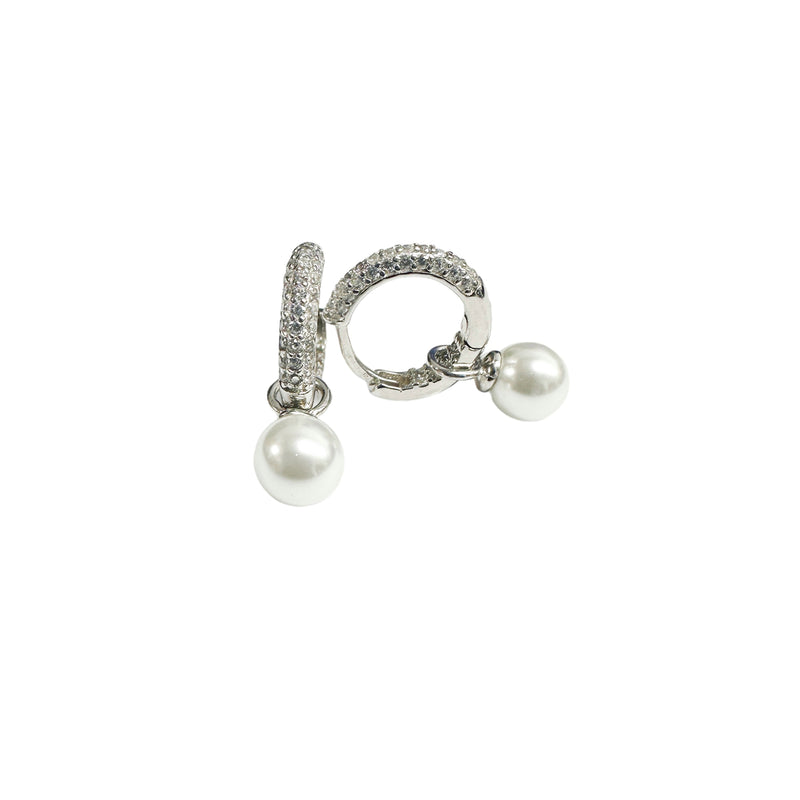 Sterling Silver Rhodium Plated Dangling Pearl Clear CZ Hoop Earrings - STE01373