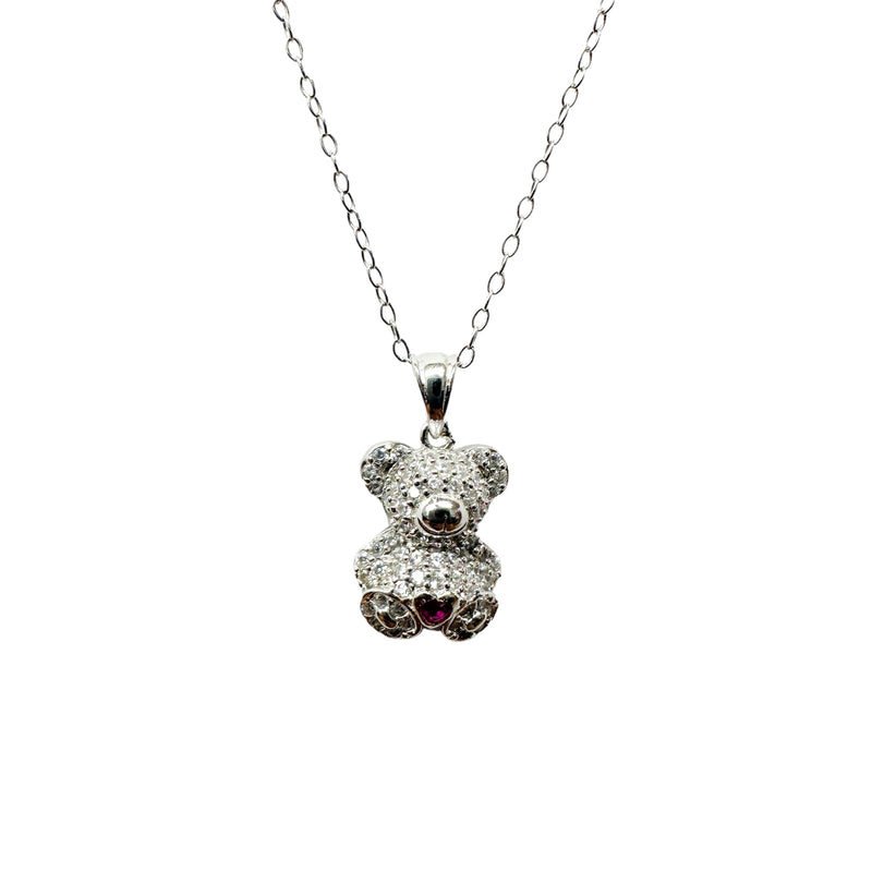 Collar con colgante de circonita roja y transparente con corazón de oso chapado en rodio de plata 925 - STP01858