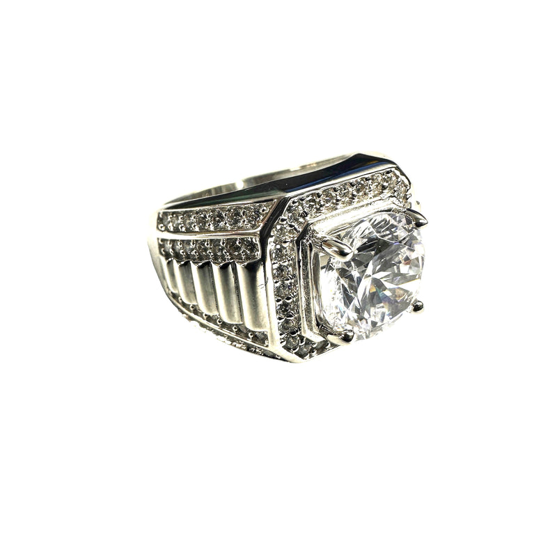 Rhodium Plated 925 Sterling Silver Statement Studded Small and Top 9mm Clear CZ Ring - GMR00375