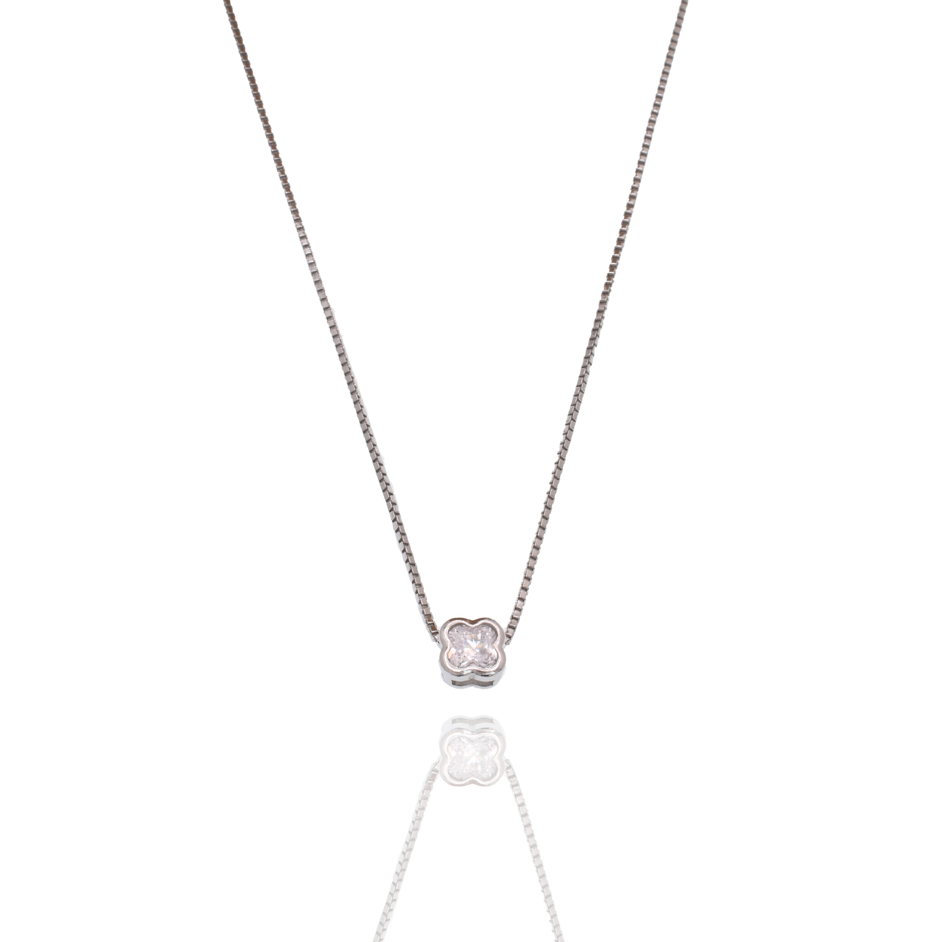 Rhodium Plated 925 Sterling Silver 5.3mm Four Leaf Clover on Adjustable Box Chain Necklace  - GCP00007RH