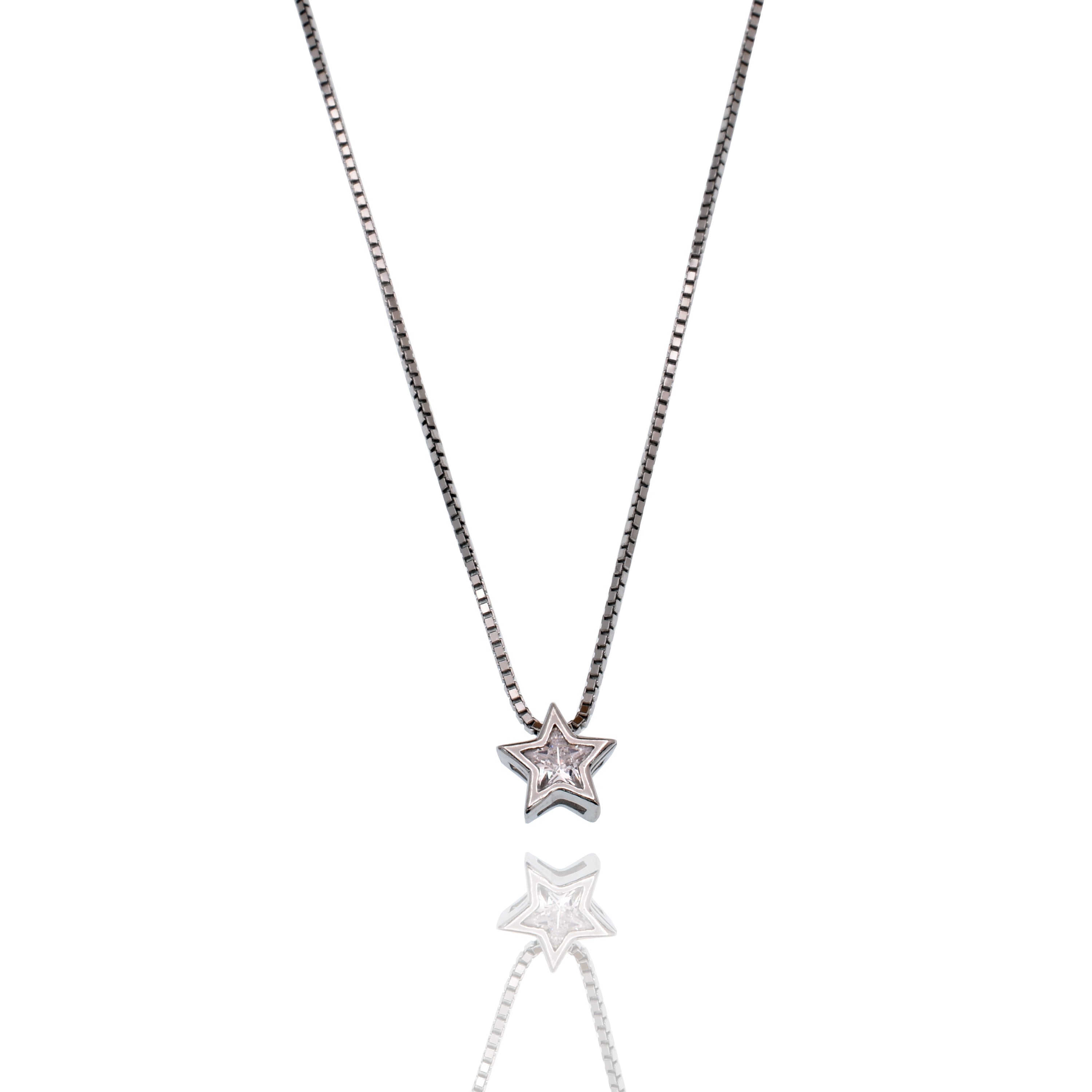 Rhodium Plated 925 Sterling Silver 6.9mm Star on Adjustable Box Chain Necklace  - GCP00008RH