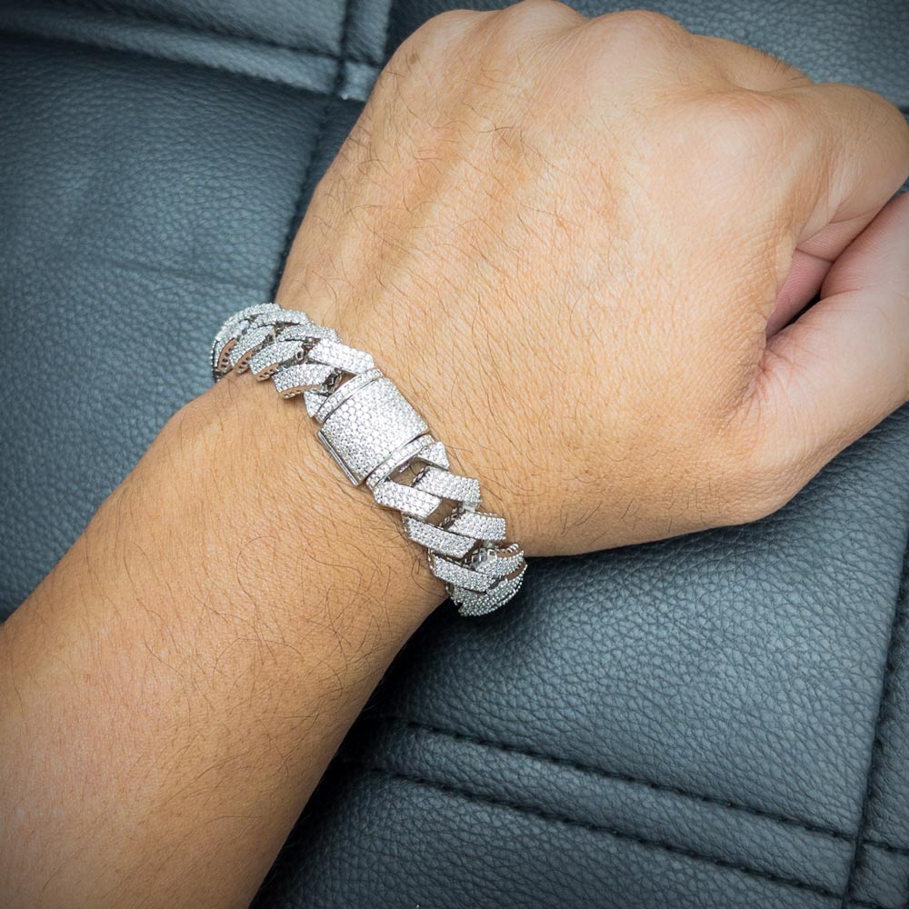 Cadena o pulsera de eslabones cubanos Miami de 15 mm con incrustaciones de circonitas en plata de ley 925 rodiada - GMN00211 | GMB00075