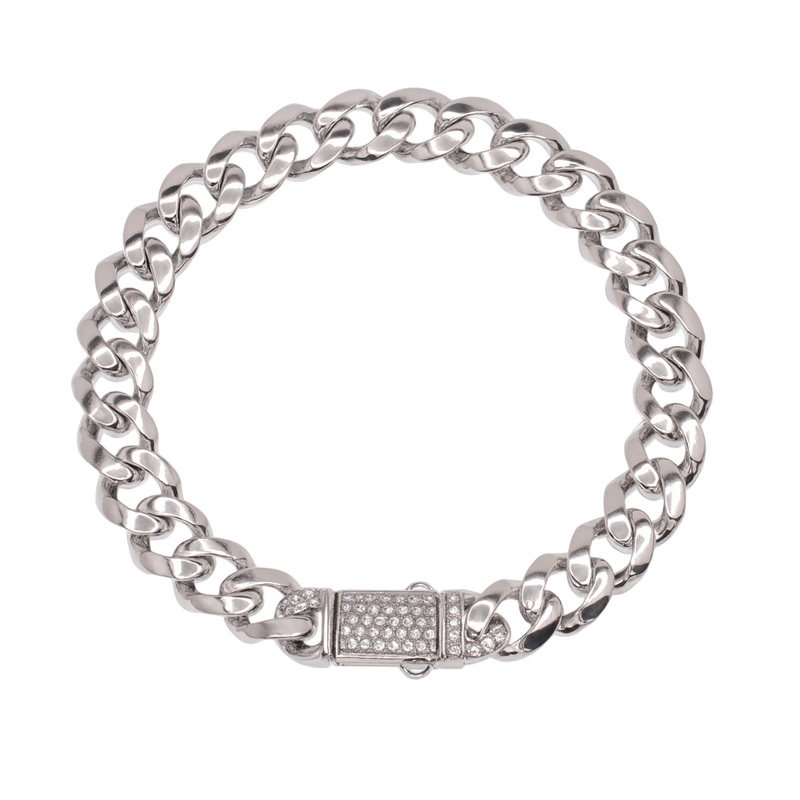 Rhodium Plated 925 Sterling Silver Hollow Miami Cuban Link Clear CZ Bracelet 9.6mm - GMB00082