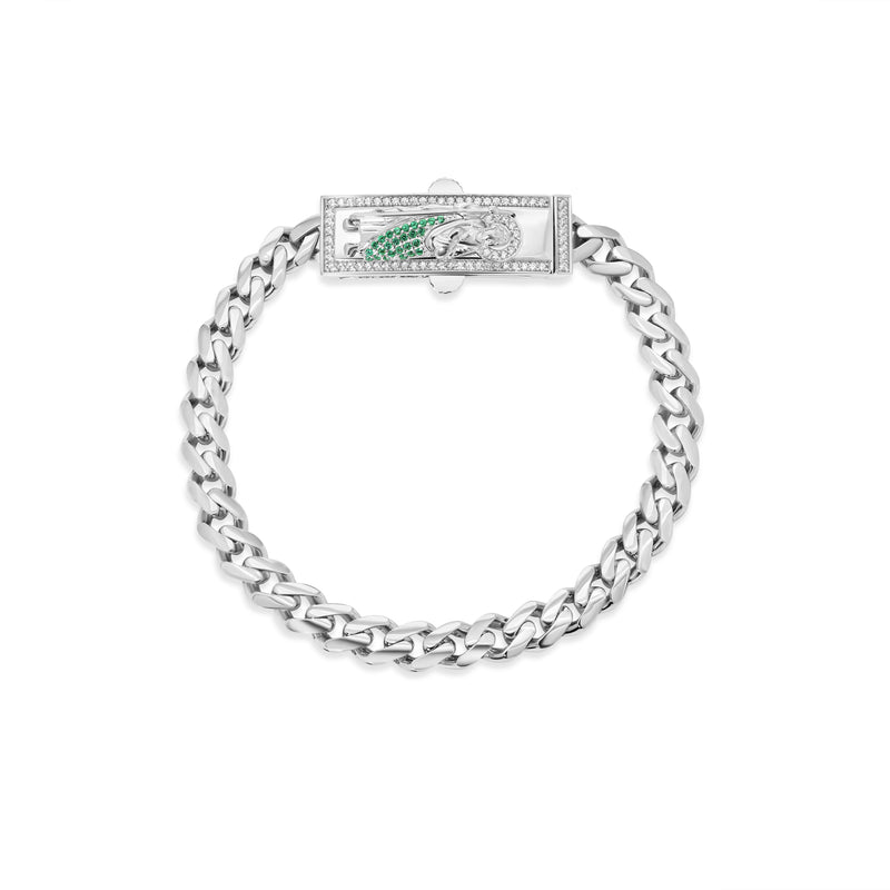 Rhodium Plated 925 Sterling Silver Rectangle St Jude Cuban 6.5mm Clear CZ Bracelet - GMB00146