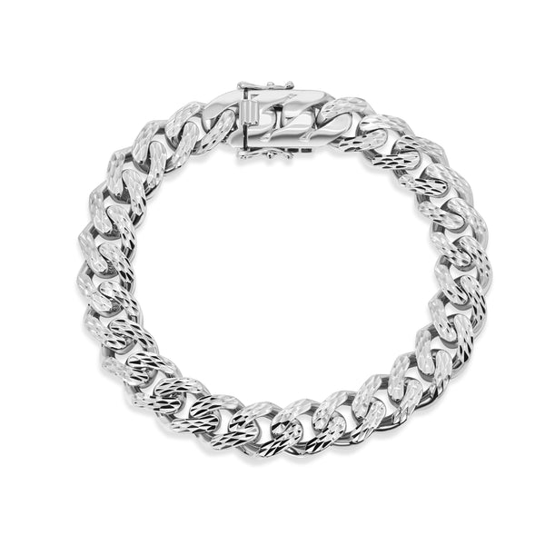 Rhodium Plated 925 Sterling Silver Lightweight Diamond Cut Miami Cuban 10.5mm Hollow Bracelet - GMB00148