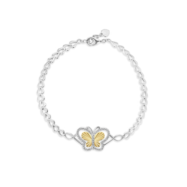 Two Tone Plated 925 Sterling Silver Diamond Cut 17mm x 14mm Butterfly Clear CZ Adjustable Bracelet - GMB00154RG