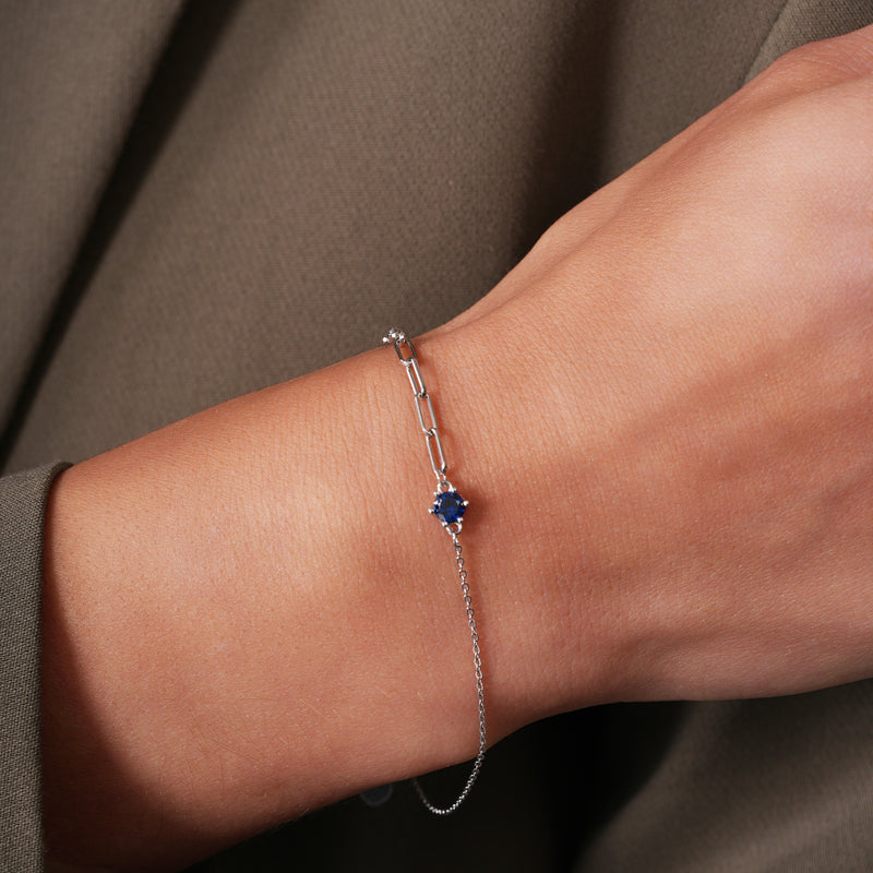 Rhodium Plated 925 Sterling Silver Half Paperclip and Half Rolo Round Sapphire Blue CZ Adjustable Bracelet - GMB00157