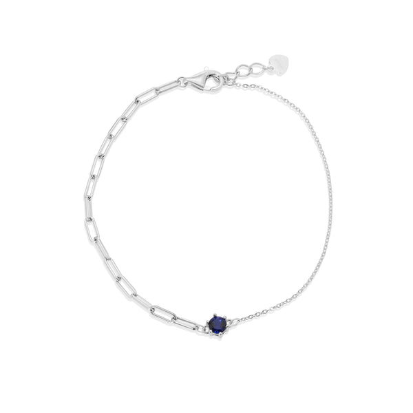 Rhodium Plated 925 Sterling Silver Half Paperclip and Half Rolo Round Sapphire Blue CZ Adjustable Bracelet - GMB00157