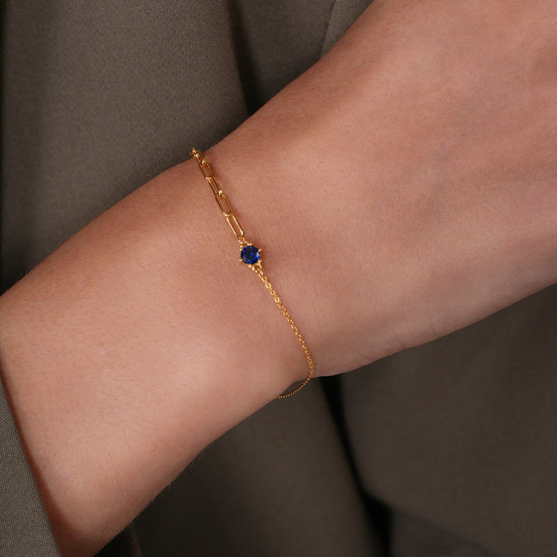 Gold Plated 925 Sterling Silver Half Paperclip and Half Rolo Round Sapphire Blue CZ Adjustable Bracelet - GMB00157GP