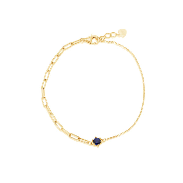 Gold Plated 925 Sterling Silver Half Paperclip and Half Rolo Round Sapphire Blue CZ Adjustable Bracelet - GMB00157GP