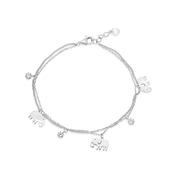 Rhodium Plated 925 Sterling Silver Elephant and Clear CZ Charms Adjustable Bracelet - GMB00158