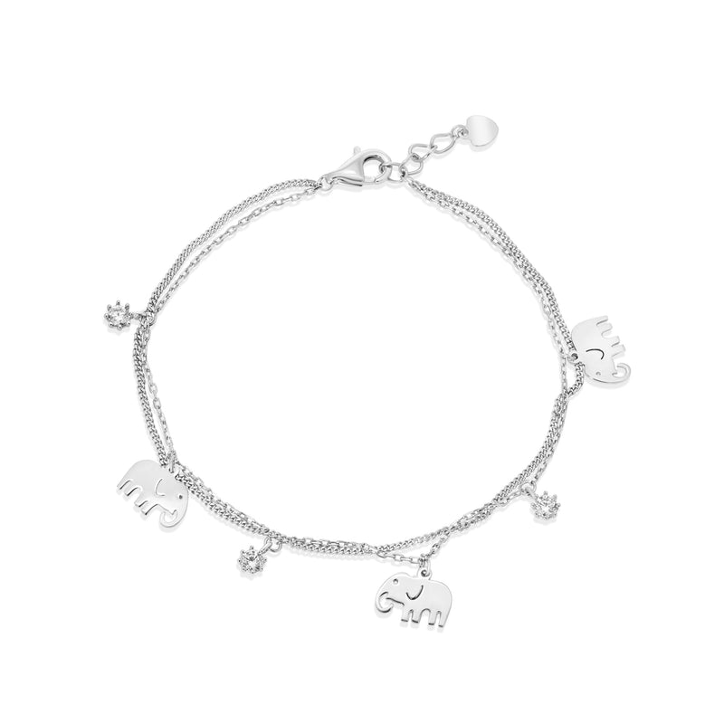 Rhodium Plated 925 Sterling Silver Elephant and Clear CZ Charms Adjustable Bracelet - GMB00158