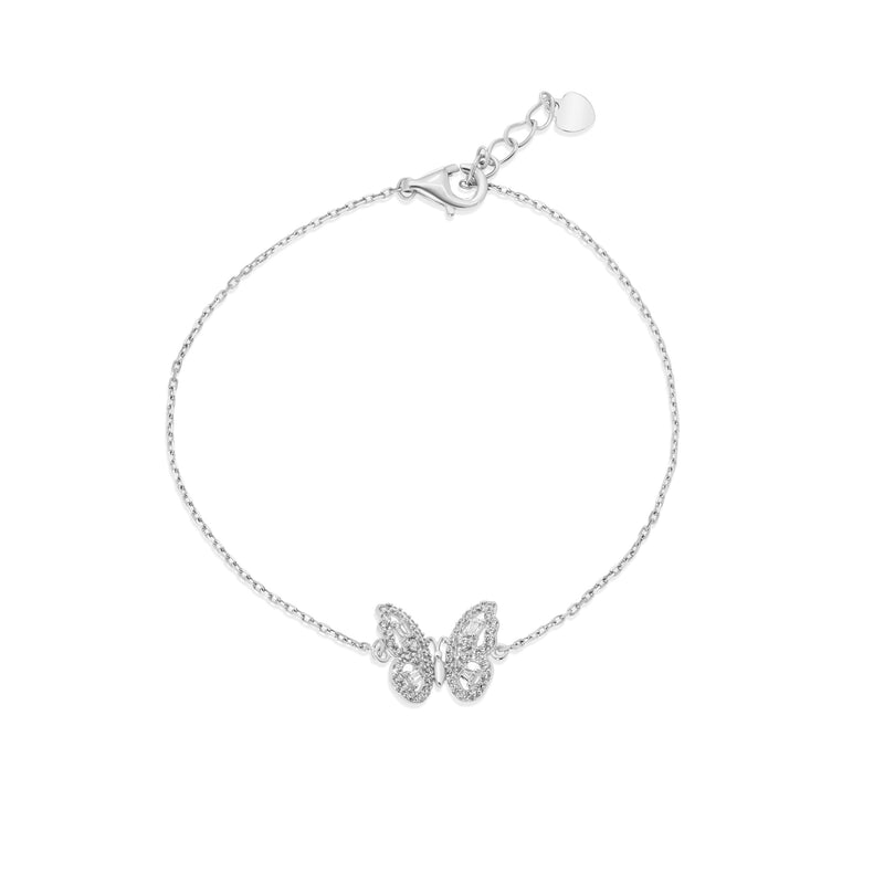 Rhodium Plated 925 Sterling Silver Butterfly Baguette Clear CZ Adjustable Bracelet - GMB00161