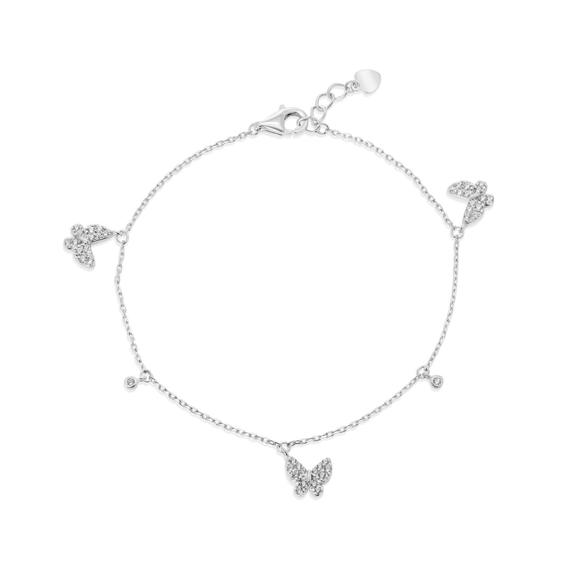 Rhodium Plated 925 Sterling Silver Butterfly and Round Charms Clear CZ Adjustable Bracelet - GMB00162