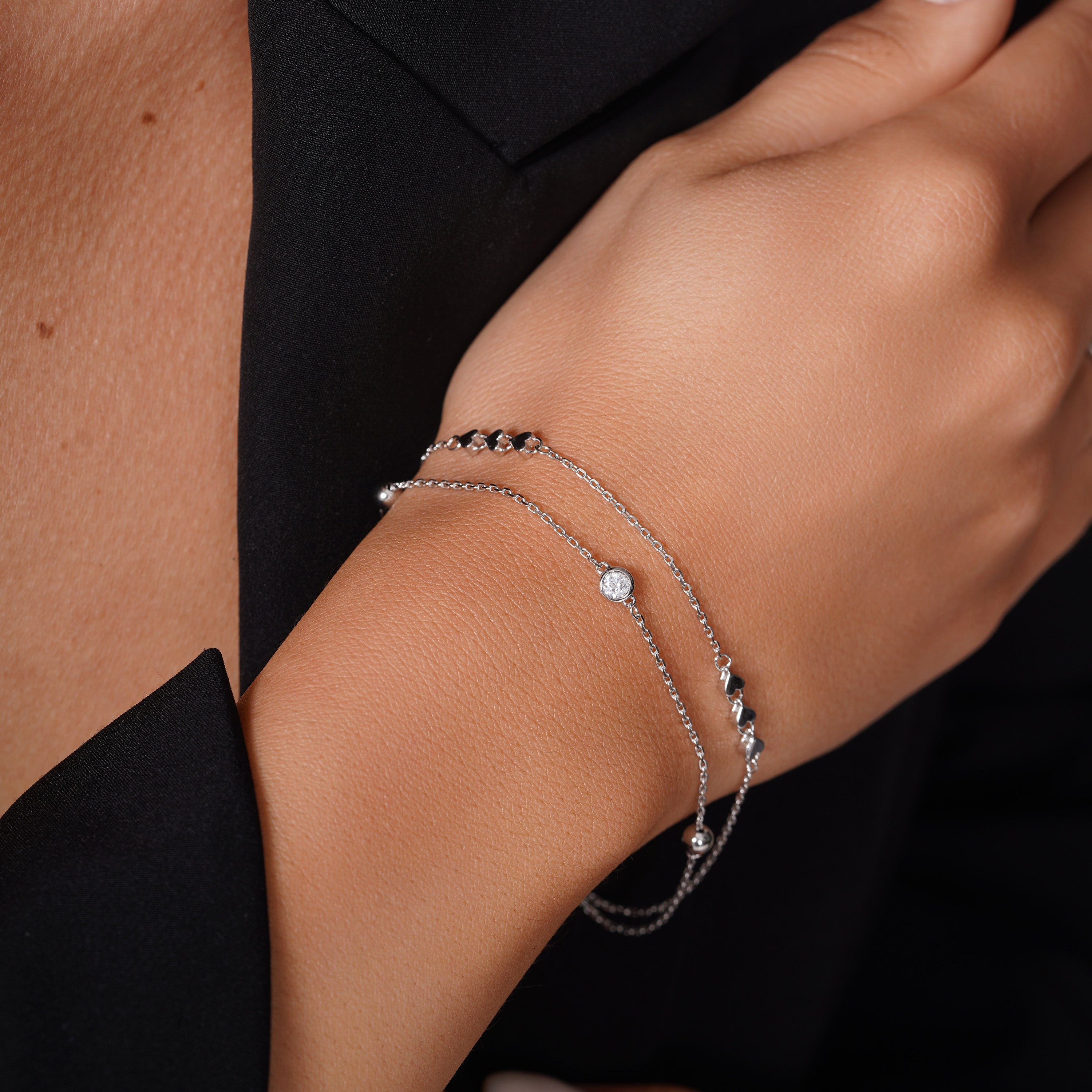 Rhodium Plated 925 Sterling Silver Two Strand Heart Ball Charm Clear CZ Cross Diamond Cut Round Charm Clear CZ Adjustable Bracelet - GMB00163