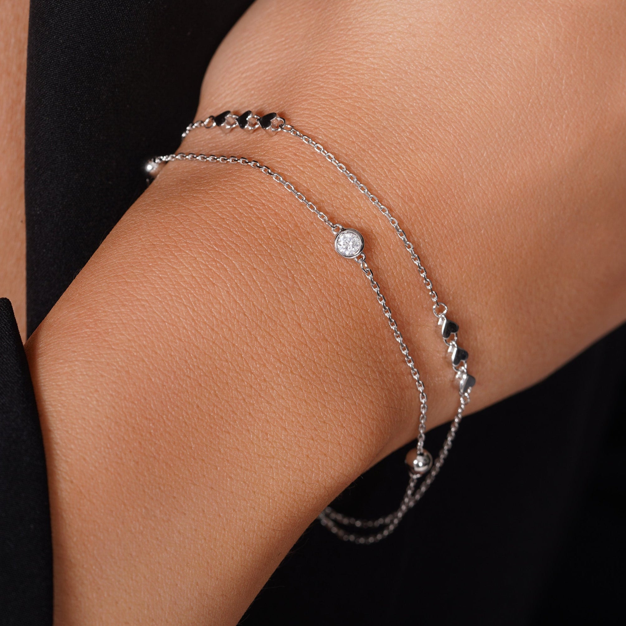 Rhodium Plated 925 Sterling Silver Two Strand Heart Ball Charm Clear CZ Cross Diamond Cut Round Charm Clear CZ Adjustable Bracelet - GMB00163