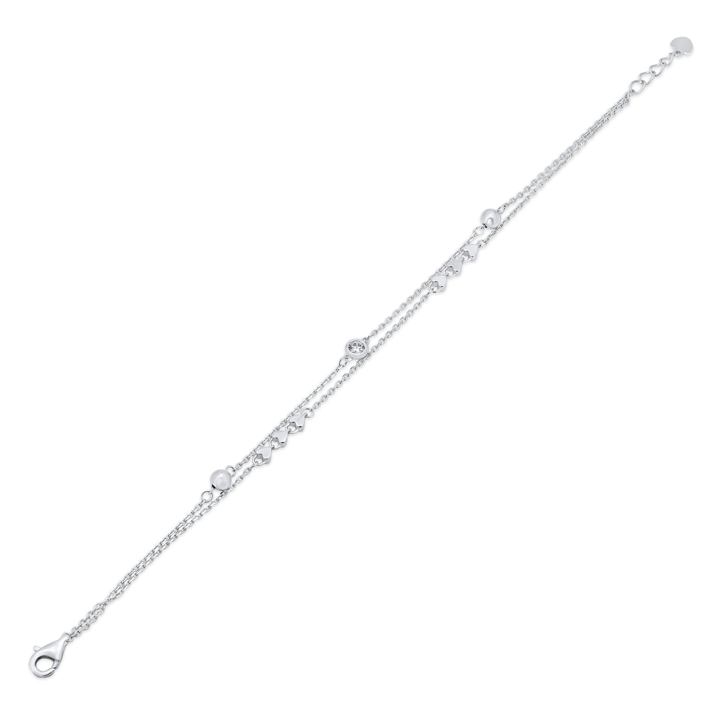 Rhodium Plated 925 Sterling Silver Two Strand Heart Ball Charm Clear CZ Cross Diamond Cut Round Charm Clear CZ Adjustable Bracelet - GMB00163