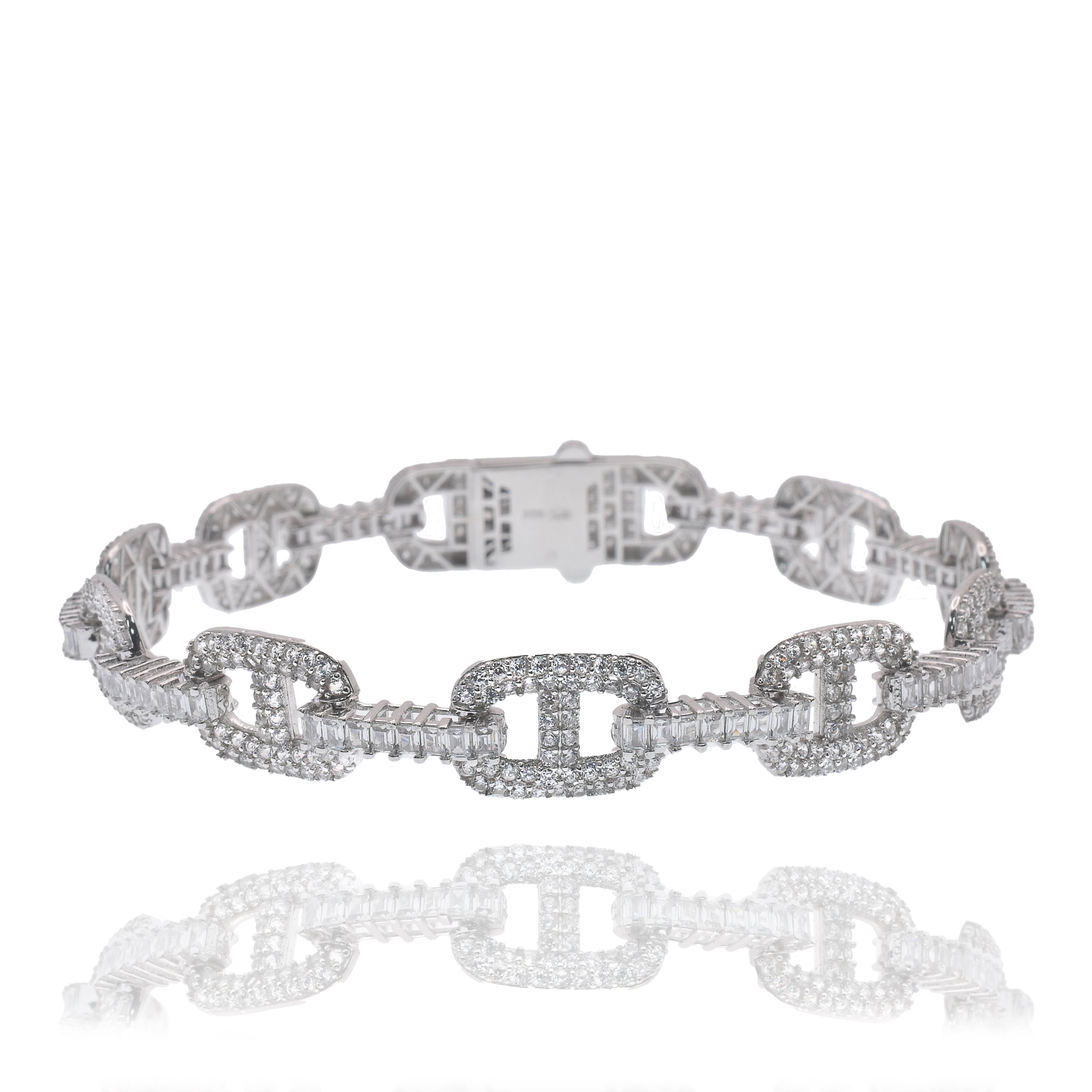 Rhodium Plated 925 Sterling Silver Iced Out Mariner Link ID Baguette Clear CZ 9.5mm Bracelet - GMB00164