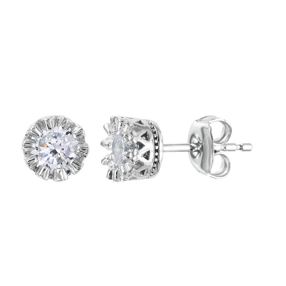 Juego de corona chapada en rodio de plata 925 con tachuelas y piedra CZ transparente - GME00034RH-WHITE