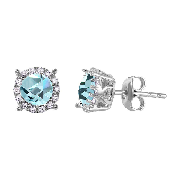 Silver 925 Rhodium Plated Halo Studs with Blue CZ Stone - GME00037RH-BLU