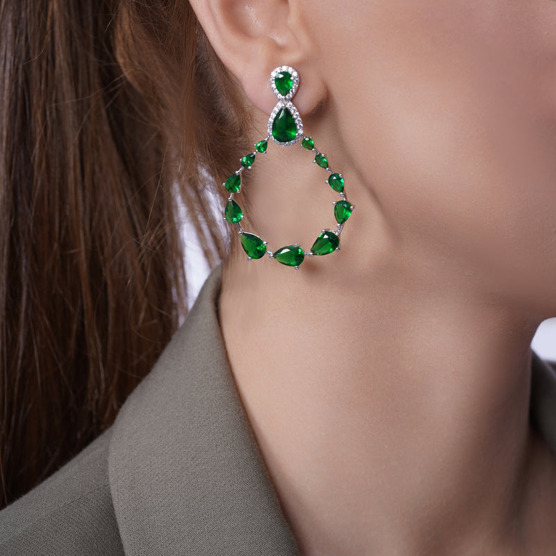 Pendientes de plata de ley 925 rodiada con forma de lágrima verde y transparente y circonitas cúbicas graduadas colgantes - GME00104-GREEN