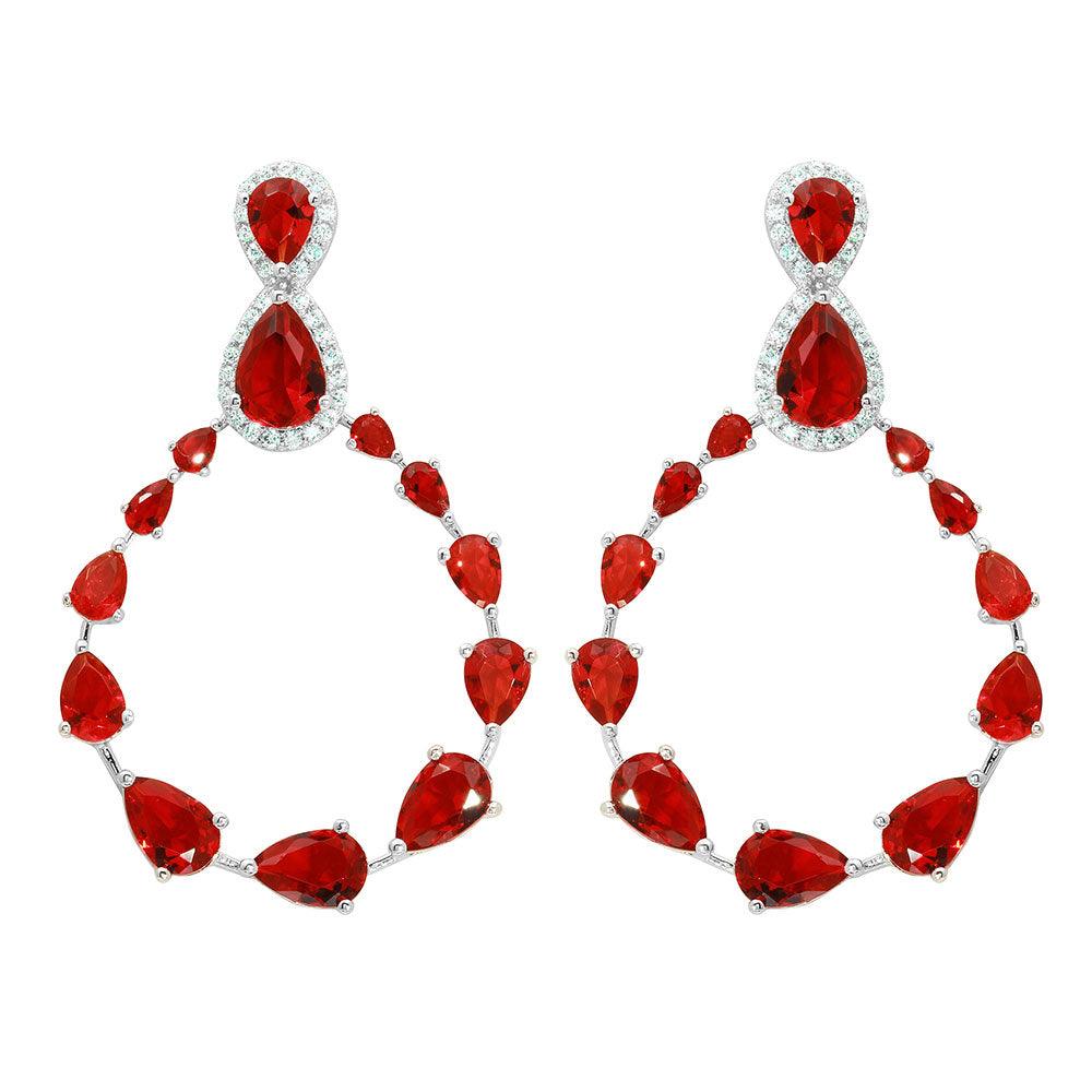 Rhodium Plated 925 Sterling Silver Birthstone and Clear Teardrop with Open Hanging Graduated CZ Earrings - GME00104