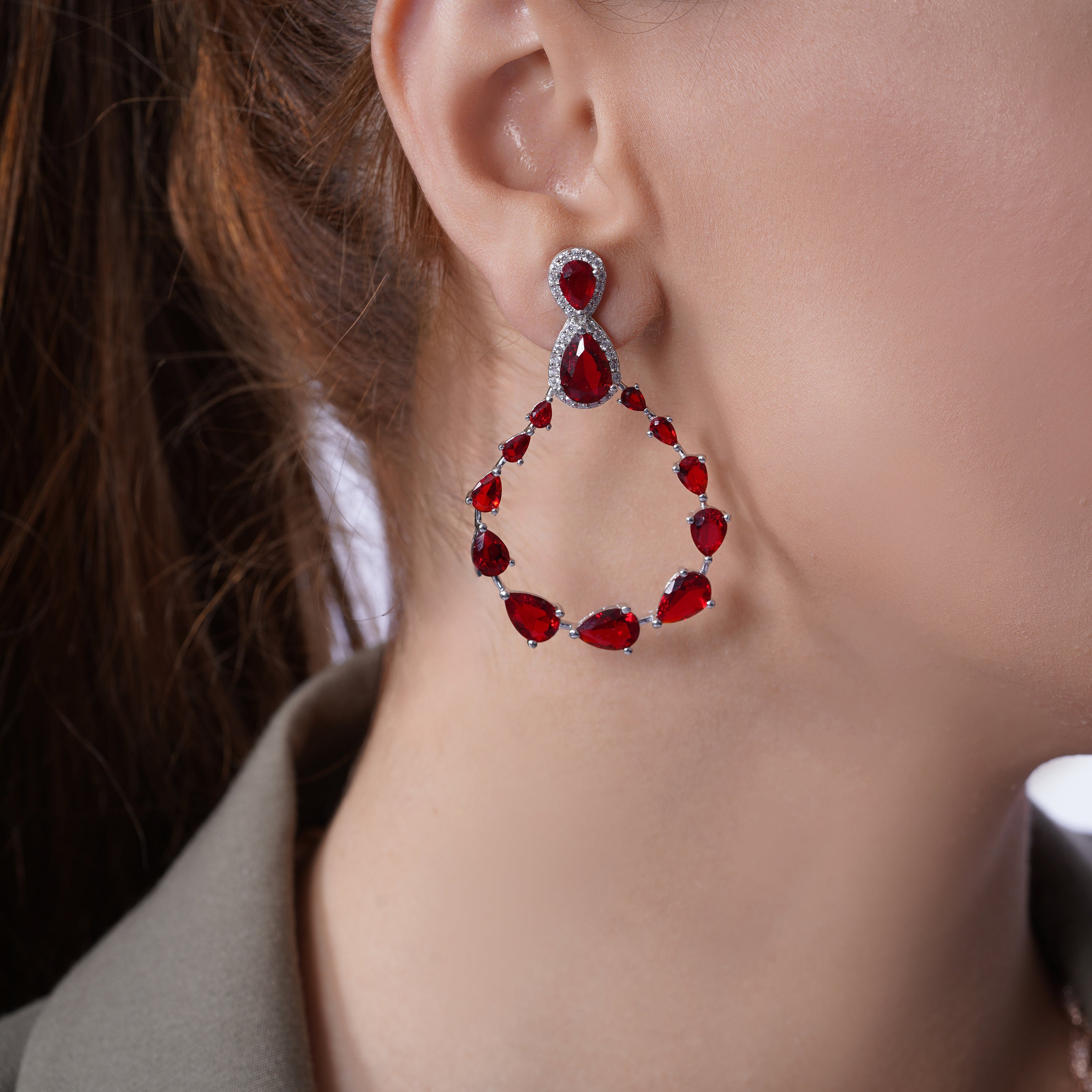 Rhodium Plated 925 Sterling Silver Birthstone and Clear Teardrop with Open Hanging Graduated CZ Earrings - GME00104