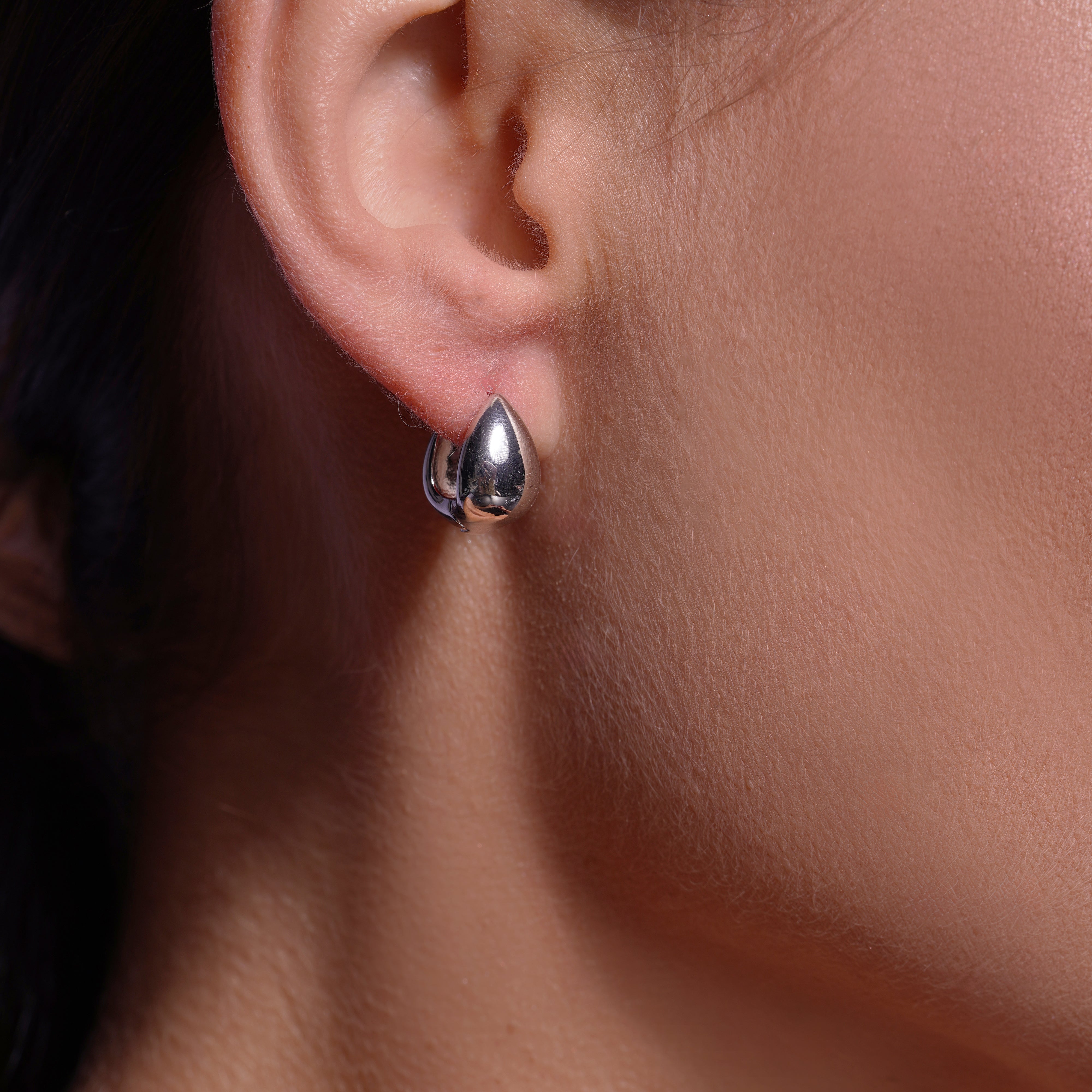 Rhodium Plated 925 Silver Teardrop Huggie Earrings -GME00160