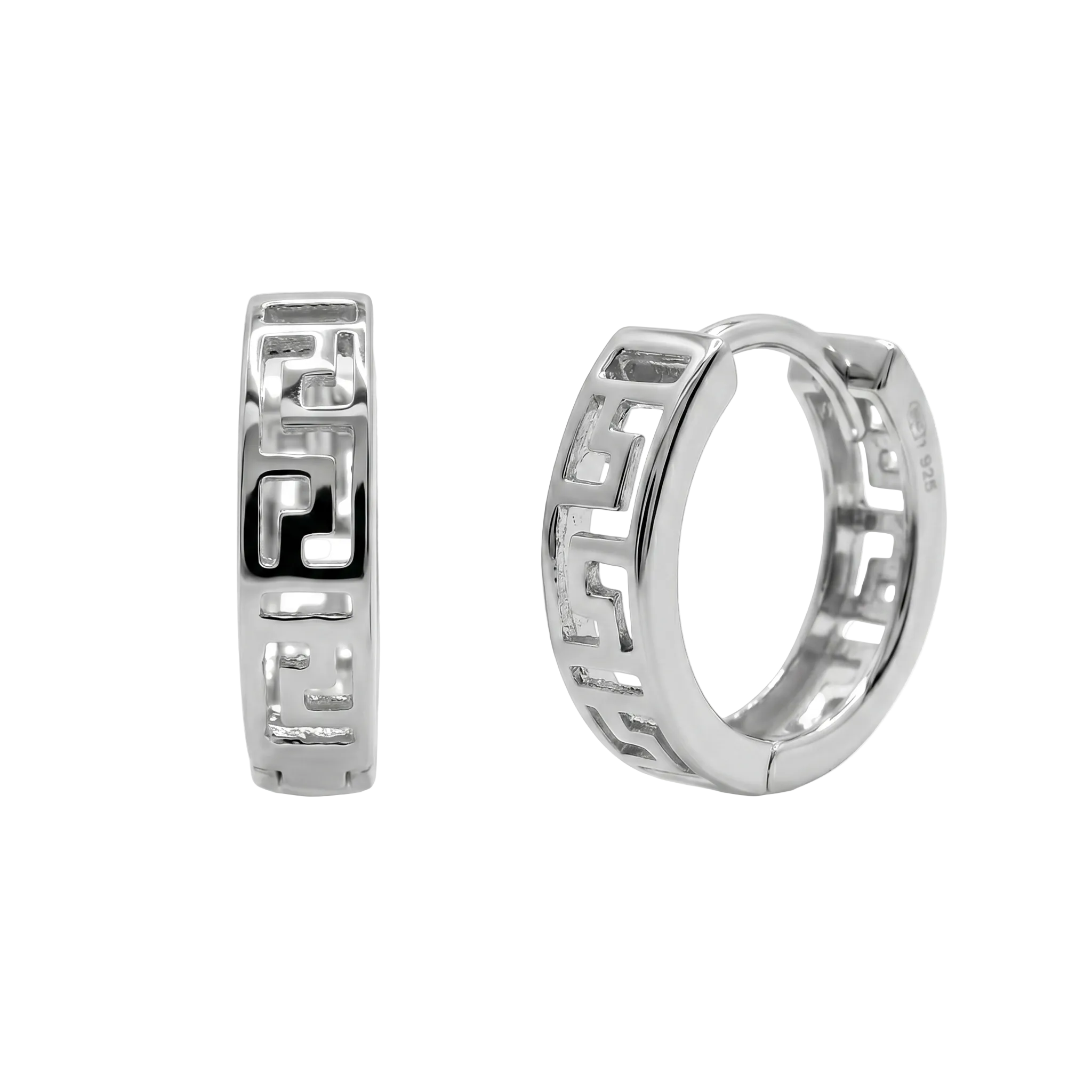 Rhodium Plated 925 Sterling Silver Greek Key Cutout Hoop Earrings - GME00164