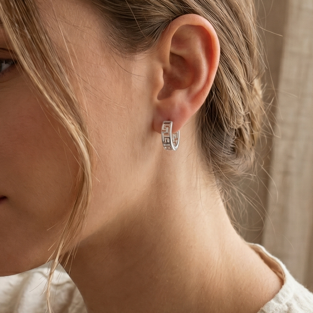 Aretes de aro calados con diseño de clave griega en plata esterlina 925 con baño de rodio - GME00164
