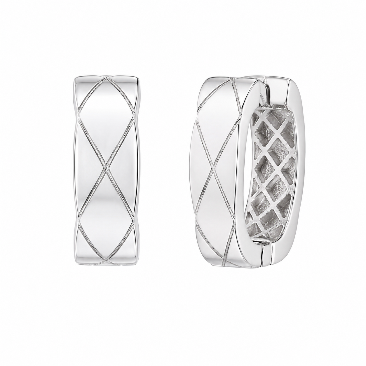 Rhodium Plated 925 Sterling Silver Quilted Geometric Square Huggie Earrings - GME00170