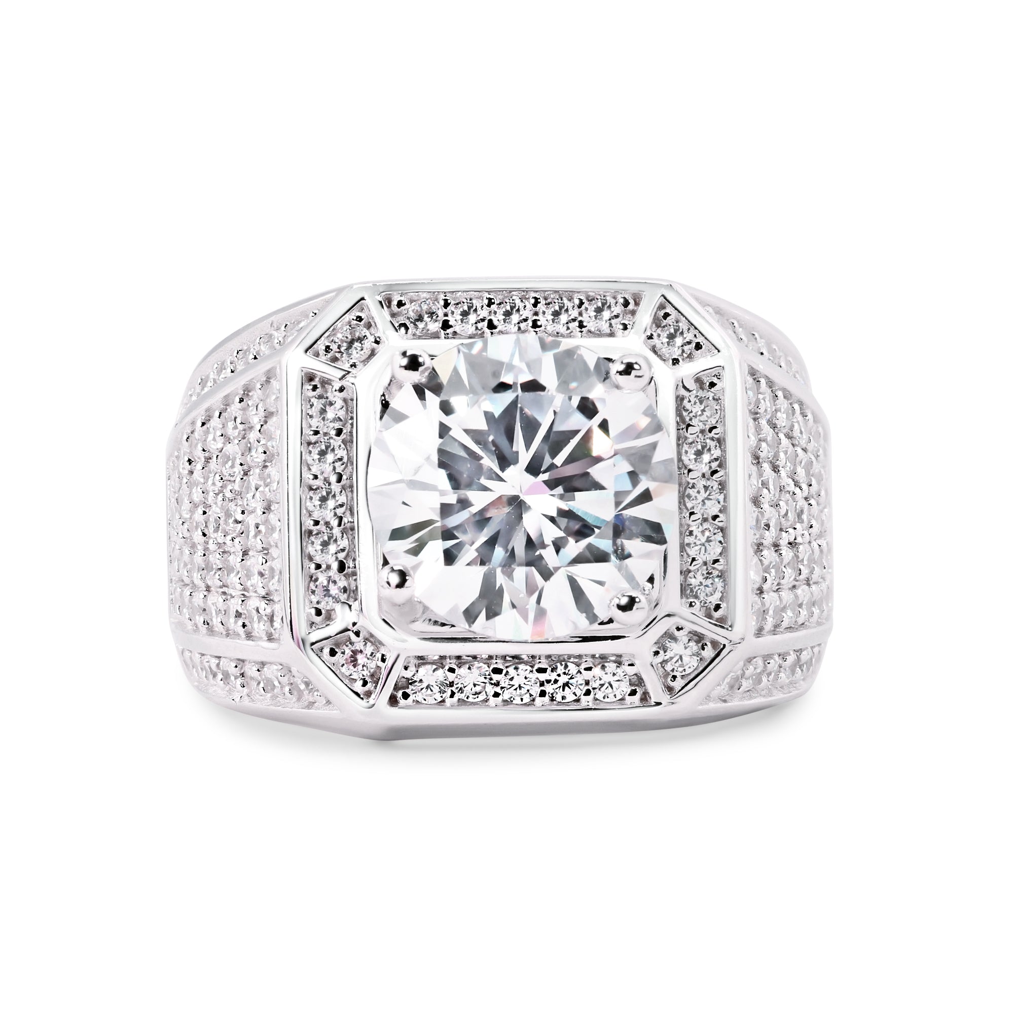Anillo de plata de ley 925 rodiada con circonitas transparentes de 9 mm, con tachuelas pequeñas y superiores - GMR00374