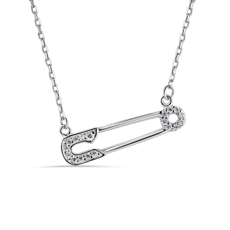 Silver 925 Rhodium Plated CZ Safety Pin Necklace - GMN00008RH