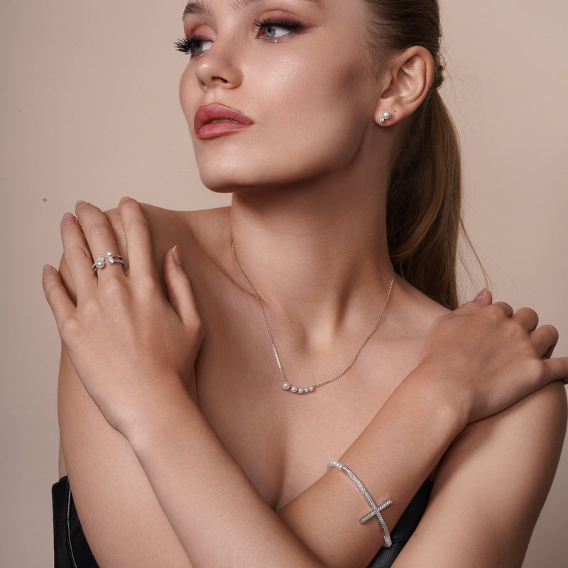 Silver 925 Rhodium Plated Graduated Fresh Water Pearl Necklace - GMN00011RH