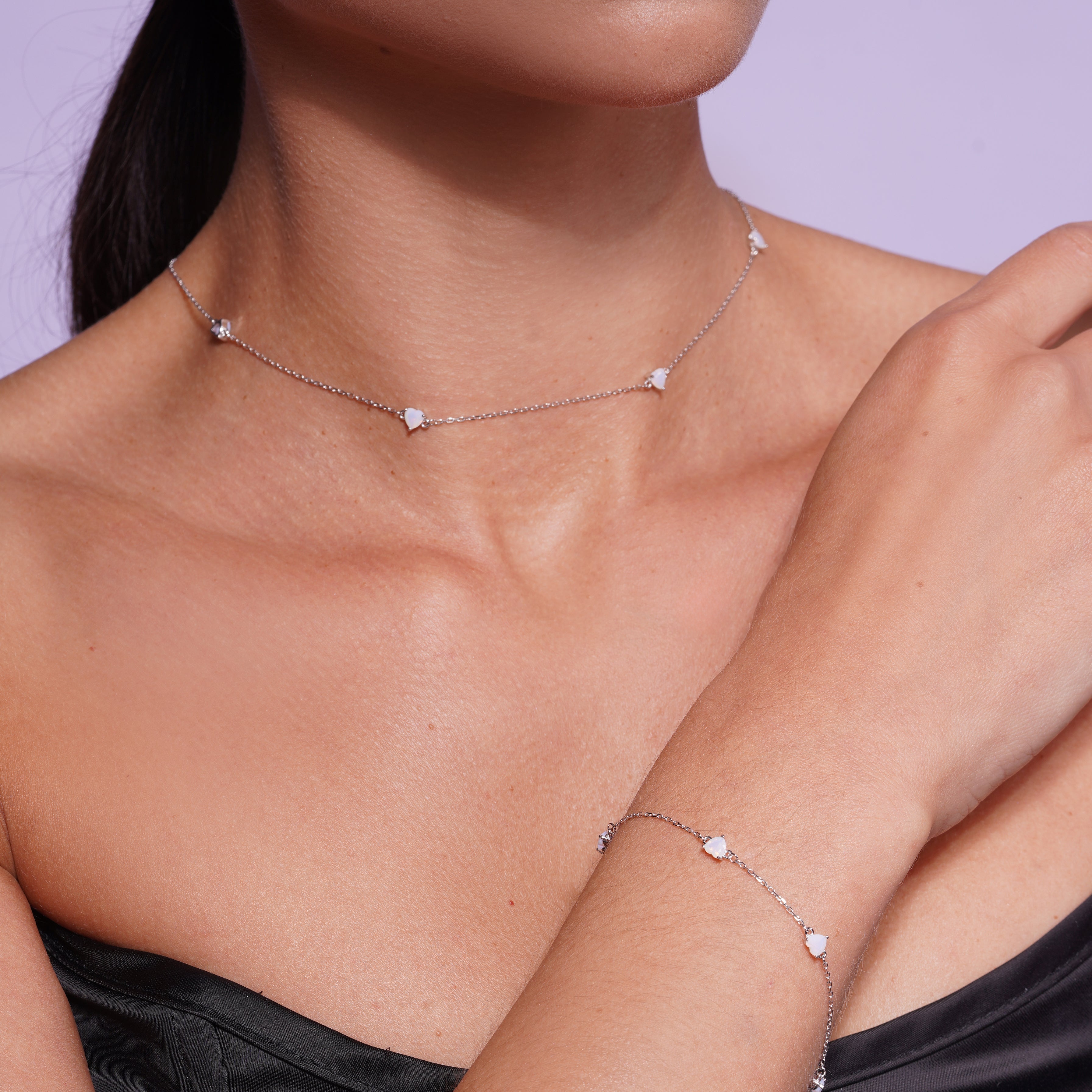 Rhodium Plated 925 Sterling Silver Multi Opal Heart Adjustable Necklace - GMN00248