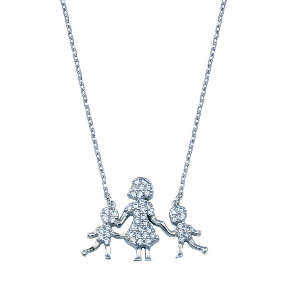 Rhodium Plated 925 Sterling Silver CZ Mother and Two Sons Clear CZ Necklace - GMN00116