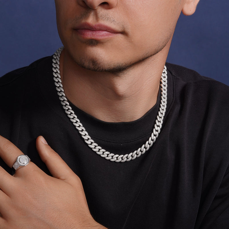 Cadena o pulsera Miami Curb de 9,5 mm con circonitas cúbicas en plata de ley 925 rodiada - GMN00176 | GMB00089