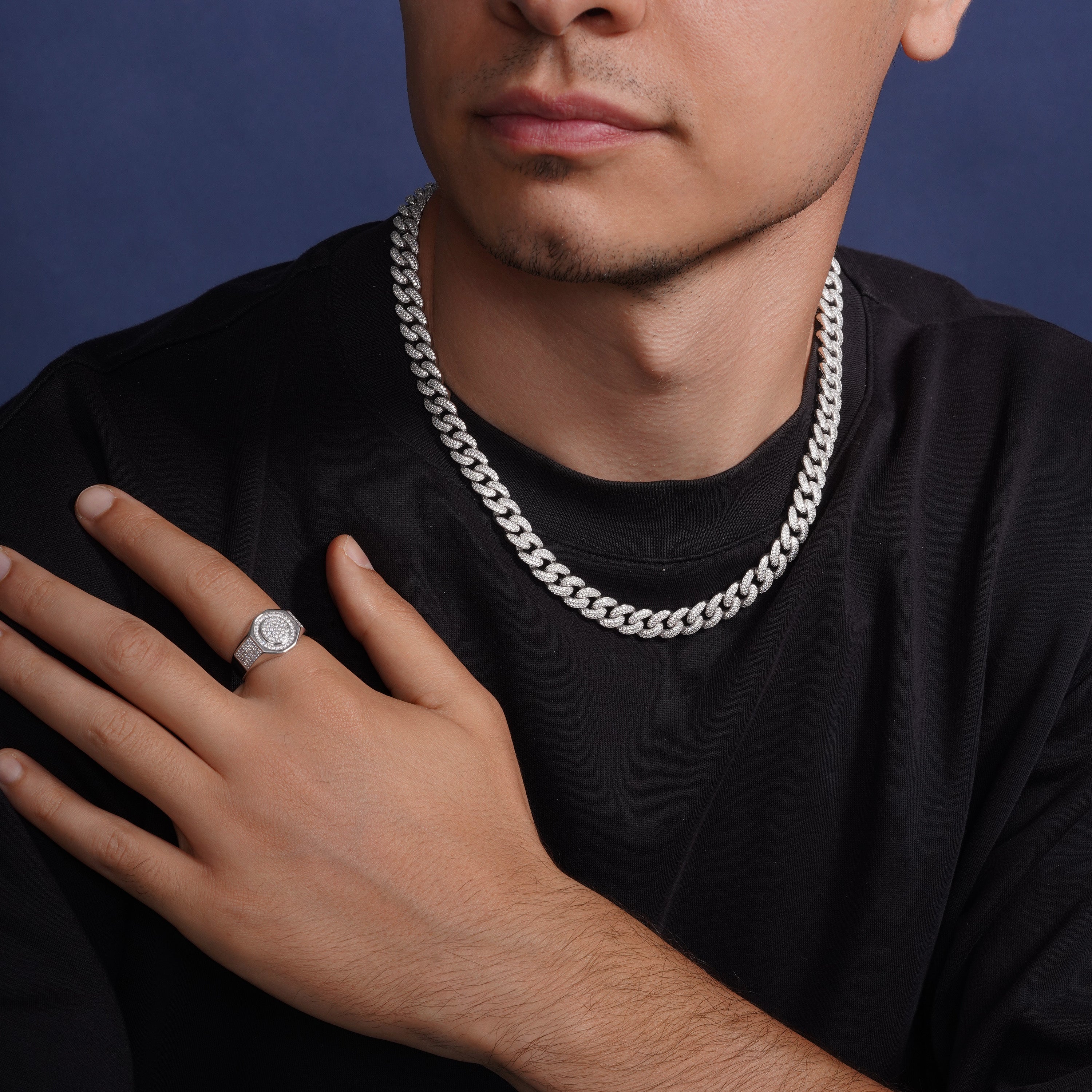 Rhodium Plated 925 Sterling Silver Men's Hexagon Iced Out Round Top Clear CZ Statement Ring - GMR00443