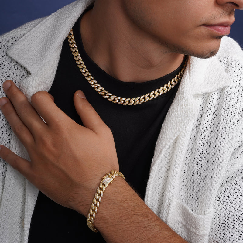 Gold Plated 925 Sterling Silver 9.5mm Miami Curb CZ Chain and Bracelet - GMN00176GP | GMB00089GP