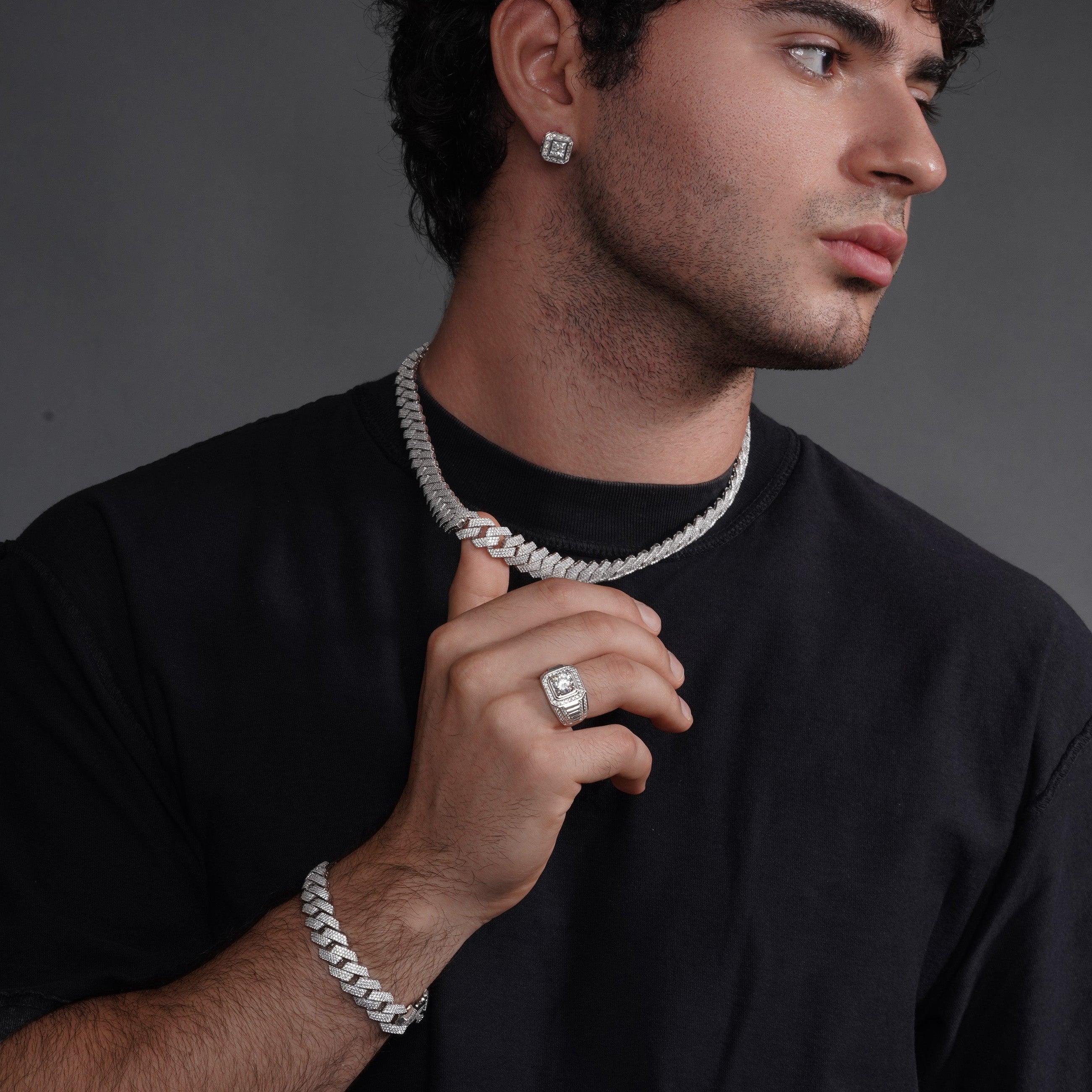 Cadena o pulsera de eslabones cubanos Miami de 13 mm con incrustaciones de circonitas en plata de ley 925 rodiada - GMN00210 | GMB00128