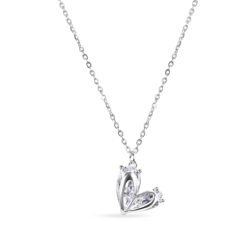 Rhodium Plated 925 Sterling Silver Heart Clear CZ Adjustable Necklace - GMN00224